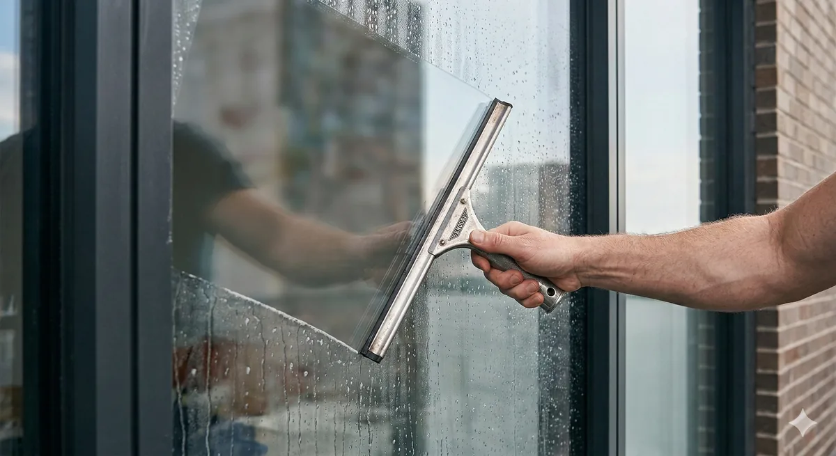 Close-up of a Glass Masters technician using a professional squeegee for a streak-free finish